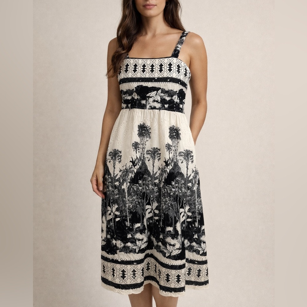 Lungo L'Arno Black Cream tropical resort wear Dress size small cotton Italy